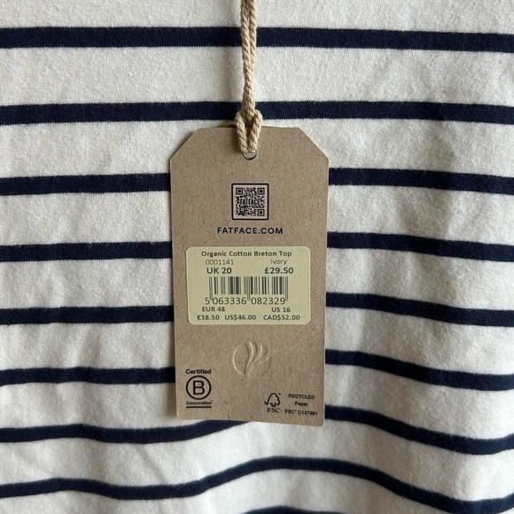 New With Tags FATFACE white & black striped long sleeve shirt 95% organic cotton - Picture 6 of 8